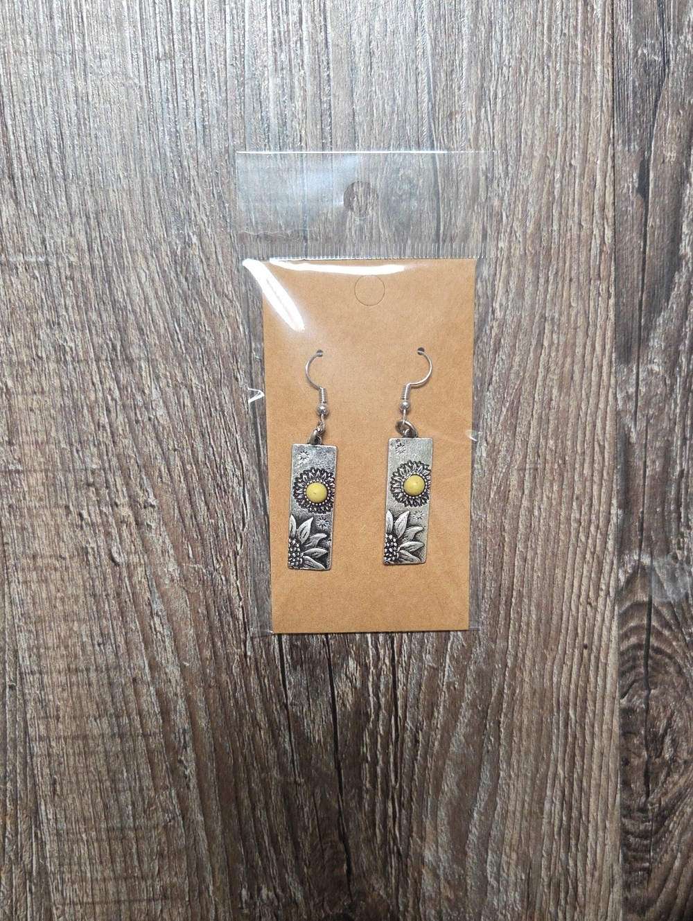 Home Made Sunflower Rectangle Drop Earrings - Yellow Silver
